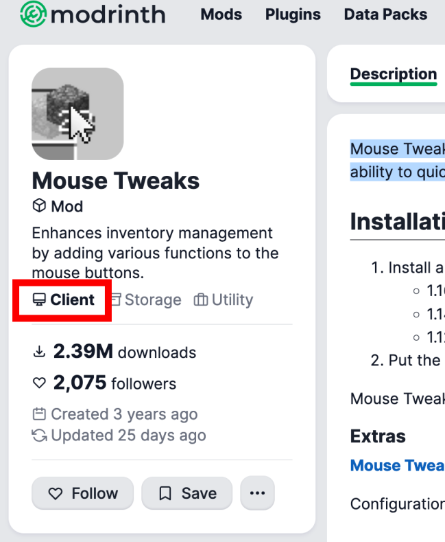 Image Showing Modrinth Mod Page Of Client Side Only Mod